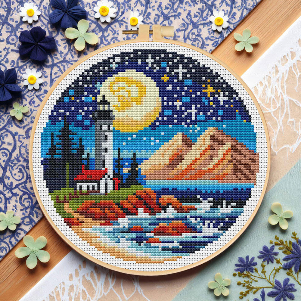Embroidery Hoop Kit - Punto croce Faro Mare Luna Ricamo